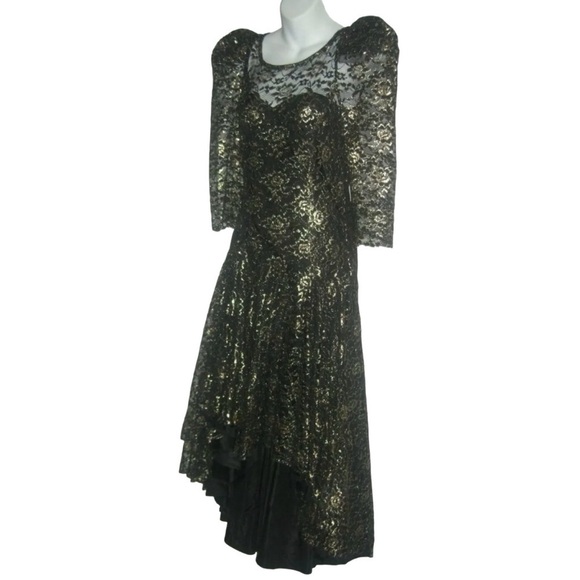Vintage 80s Nem's Dress Gothic Black & Gold Metallic Lace Wedding Goth ALT egirl - Picture 4 of 12